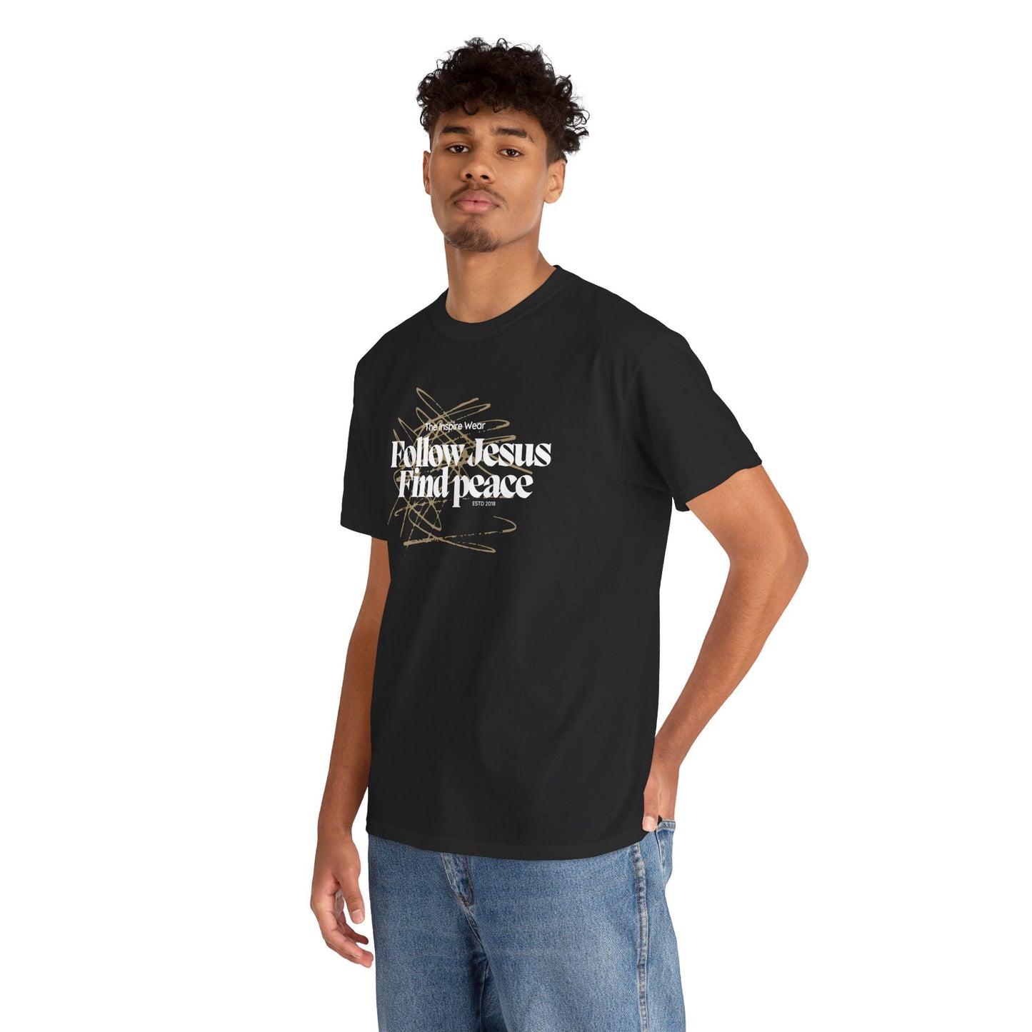 “The Inspire Wear” Unisex Heavy Cotton Tee Follow Jesus Find Peace”