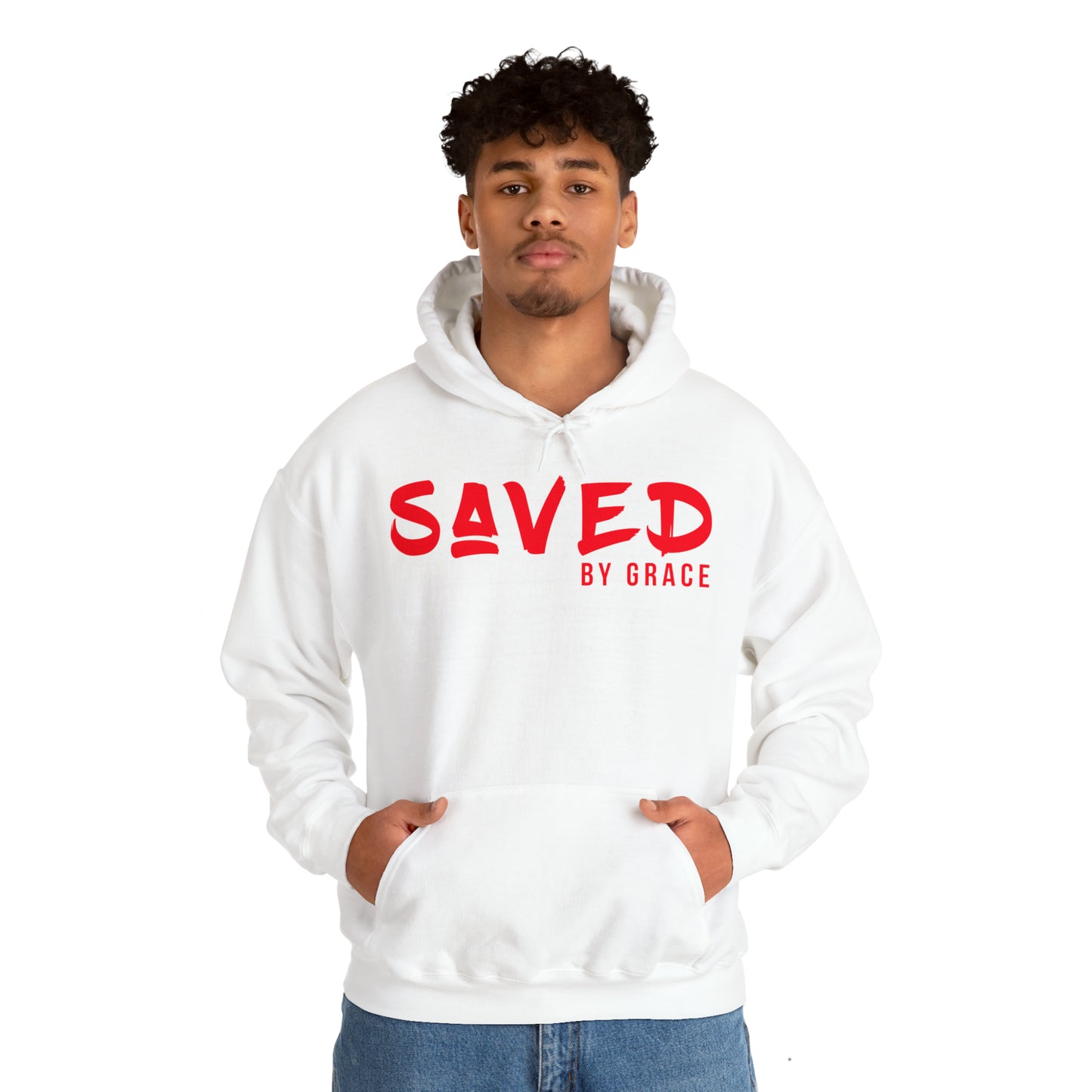 "The Inspire Wear" Hooded Sweatshirt Saved by Grace Red on White