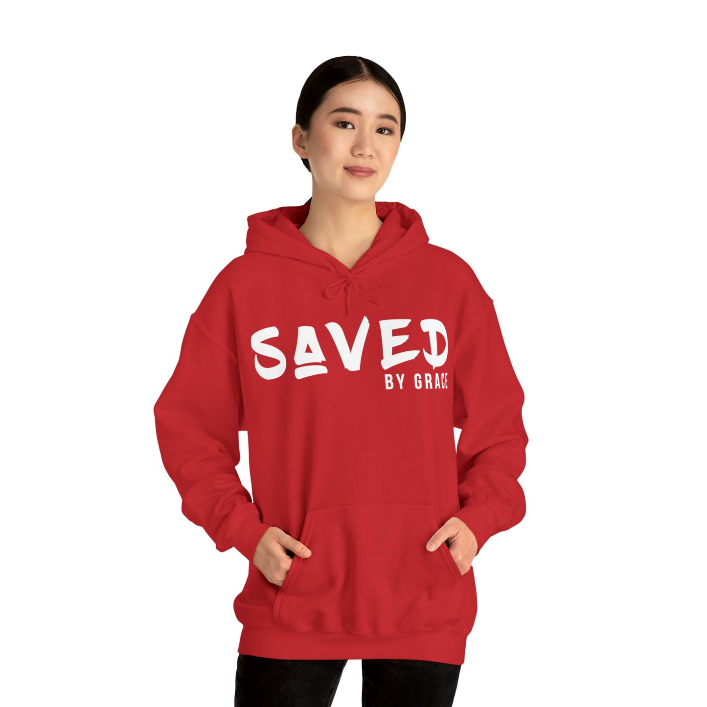 "The Inspire Wear" Hooded Sweatshirt Saved by Grace White on Red