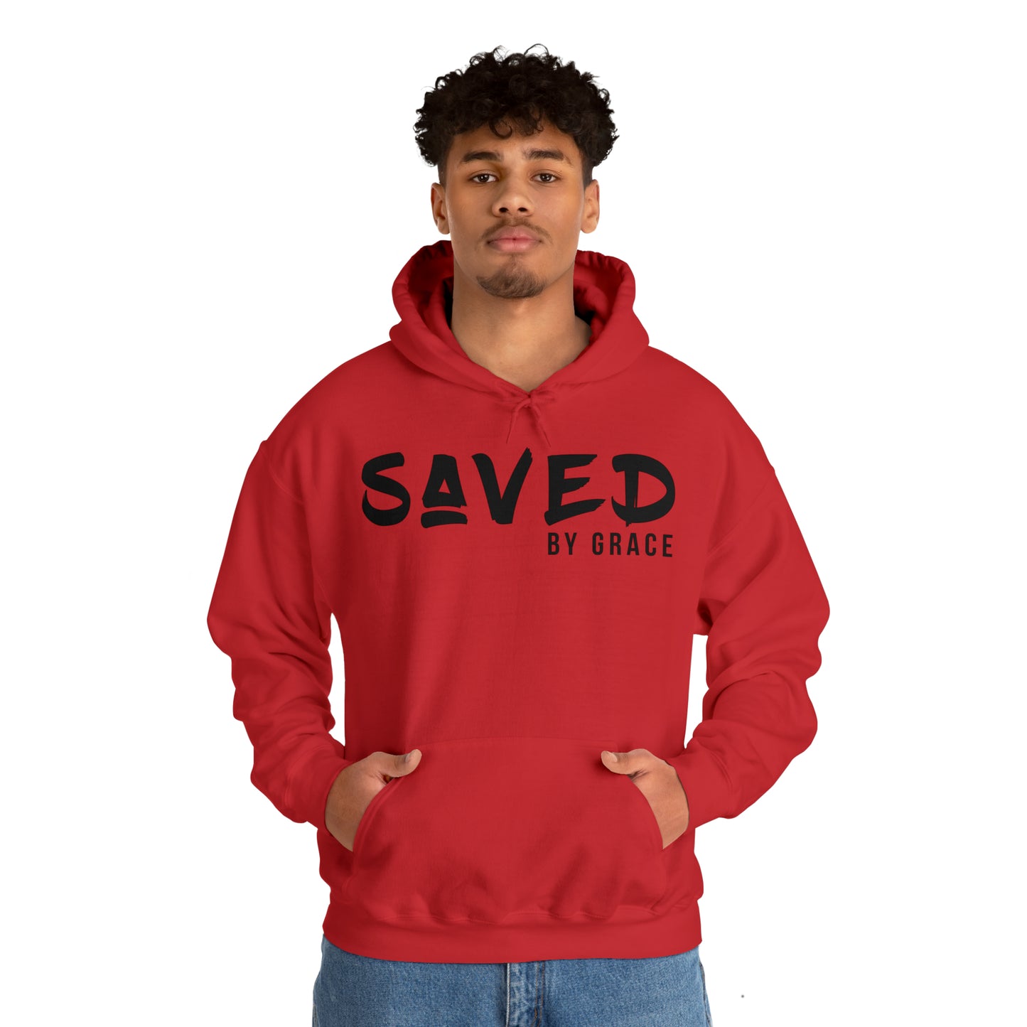 "The Inspire Wear" Hooded Sweatshirt Saved by Grace Black on Red