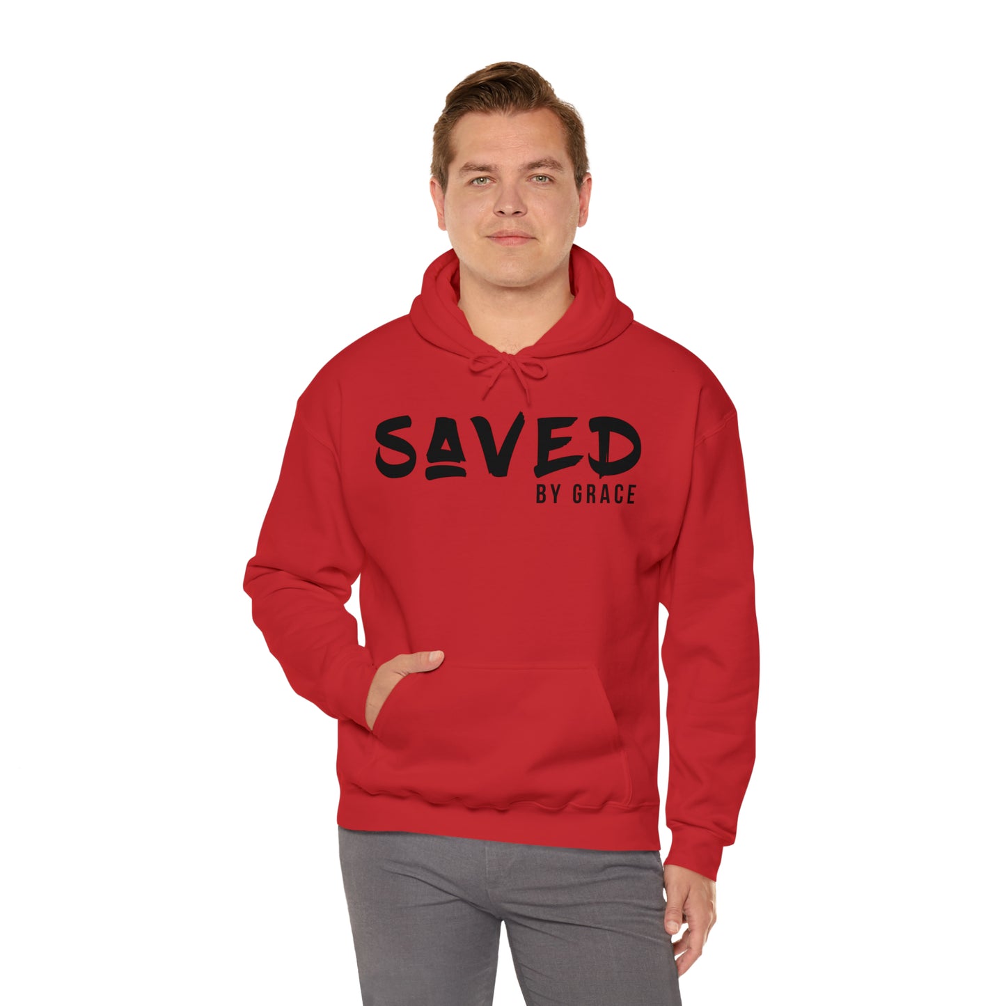 "The Inspire Wear" Hooded Sweatshirt Saved by Grace Black on Red