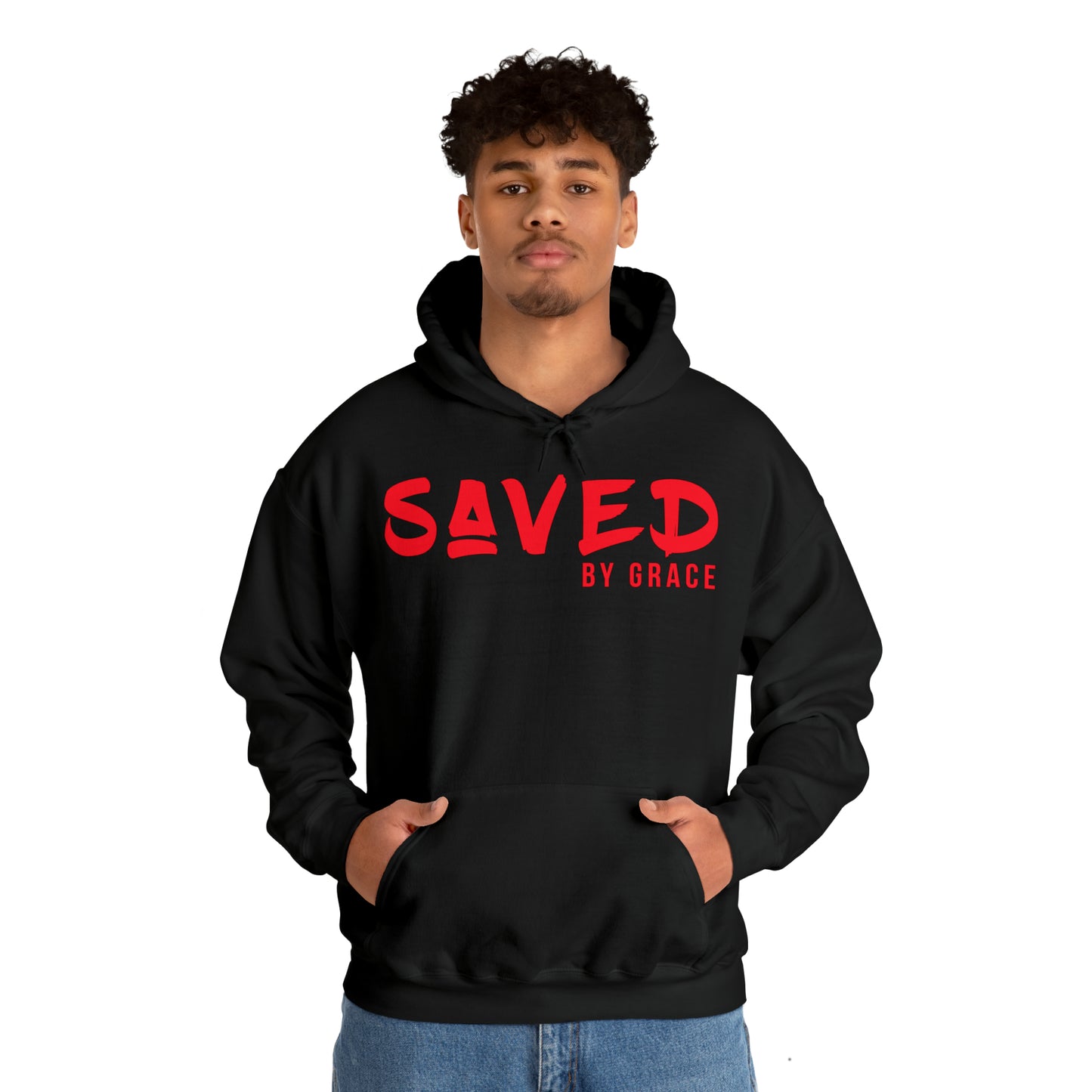 "The Inspire Wear" Hooded Sweatshirt Saved by Grace Red on Black