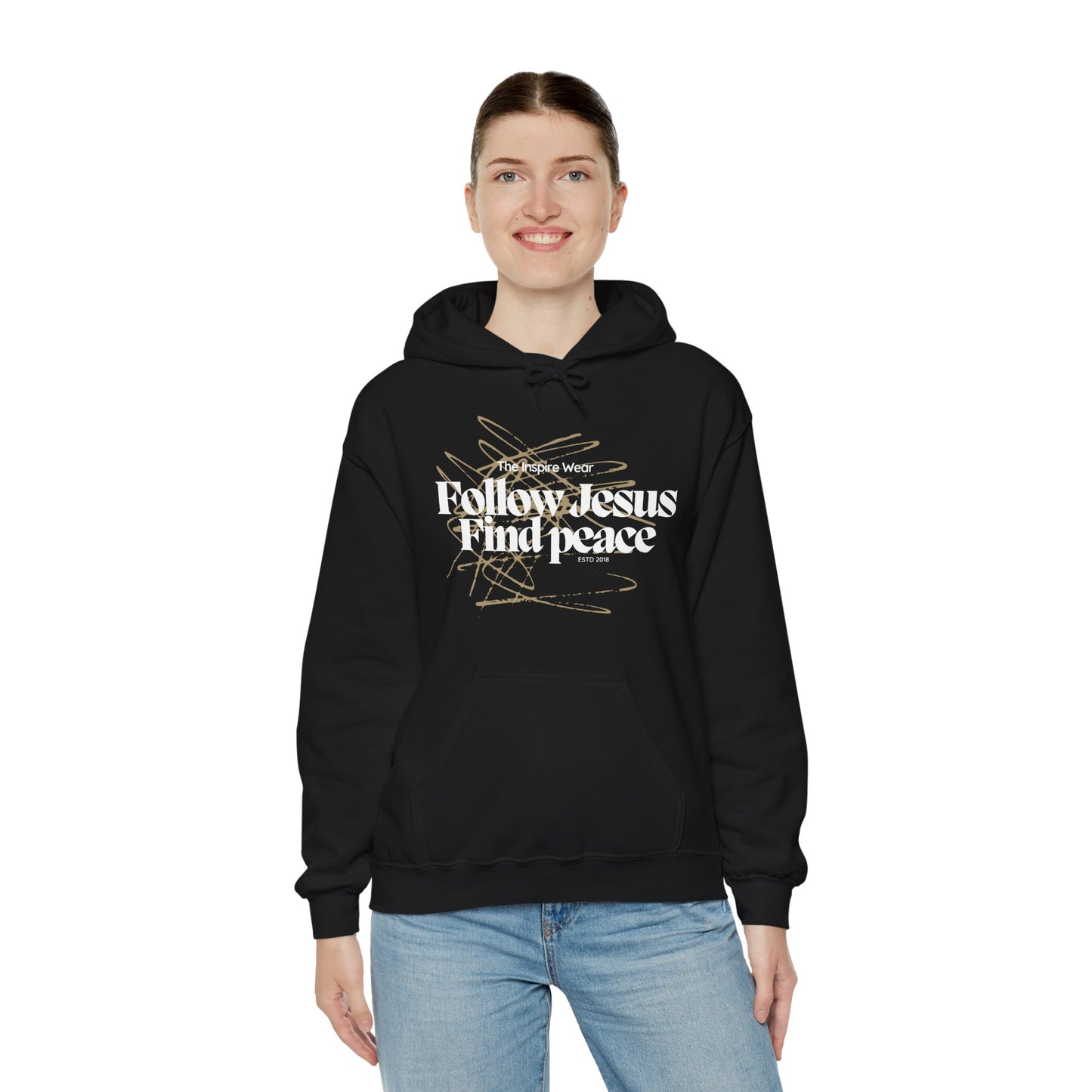 "The Inspire Wear" Hooded Sweatshirt Follow Jesus Find Peace "Black"