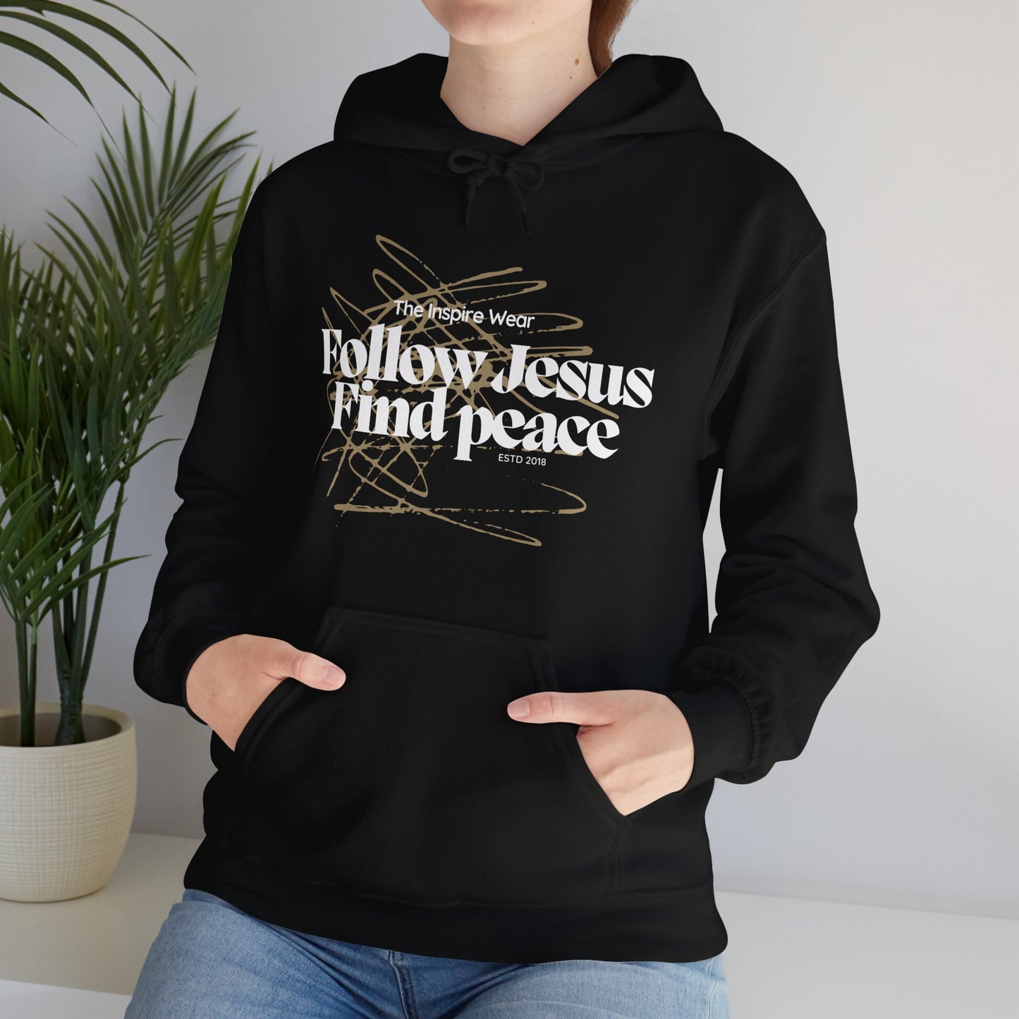 "The Inspire Wear" Hooded Sweatshirt Follow Jesus Find Peace "Black"