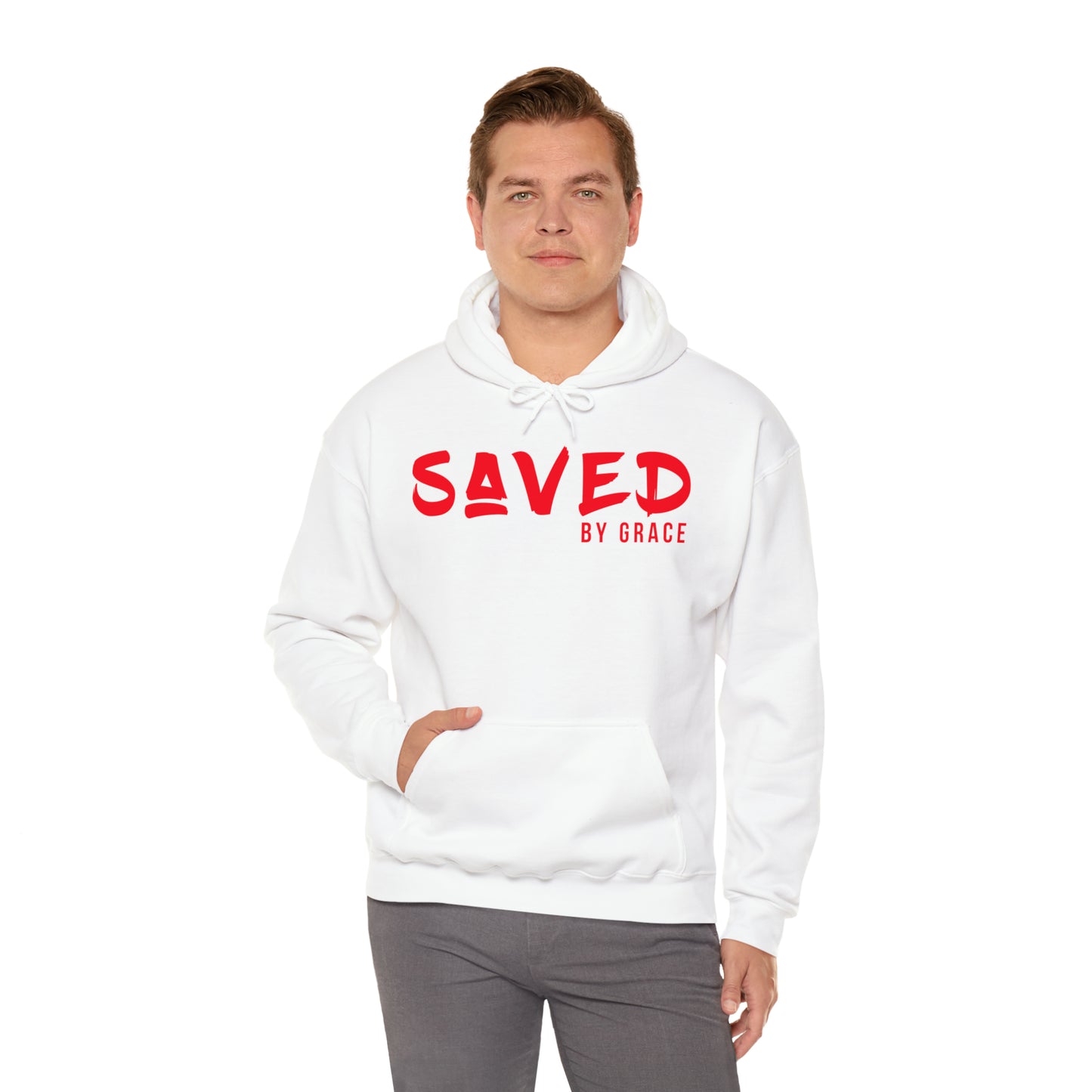 "The Inspire Wear" Hooded Sweatshirt Saved by Grace Red on White