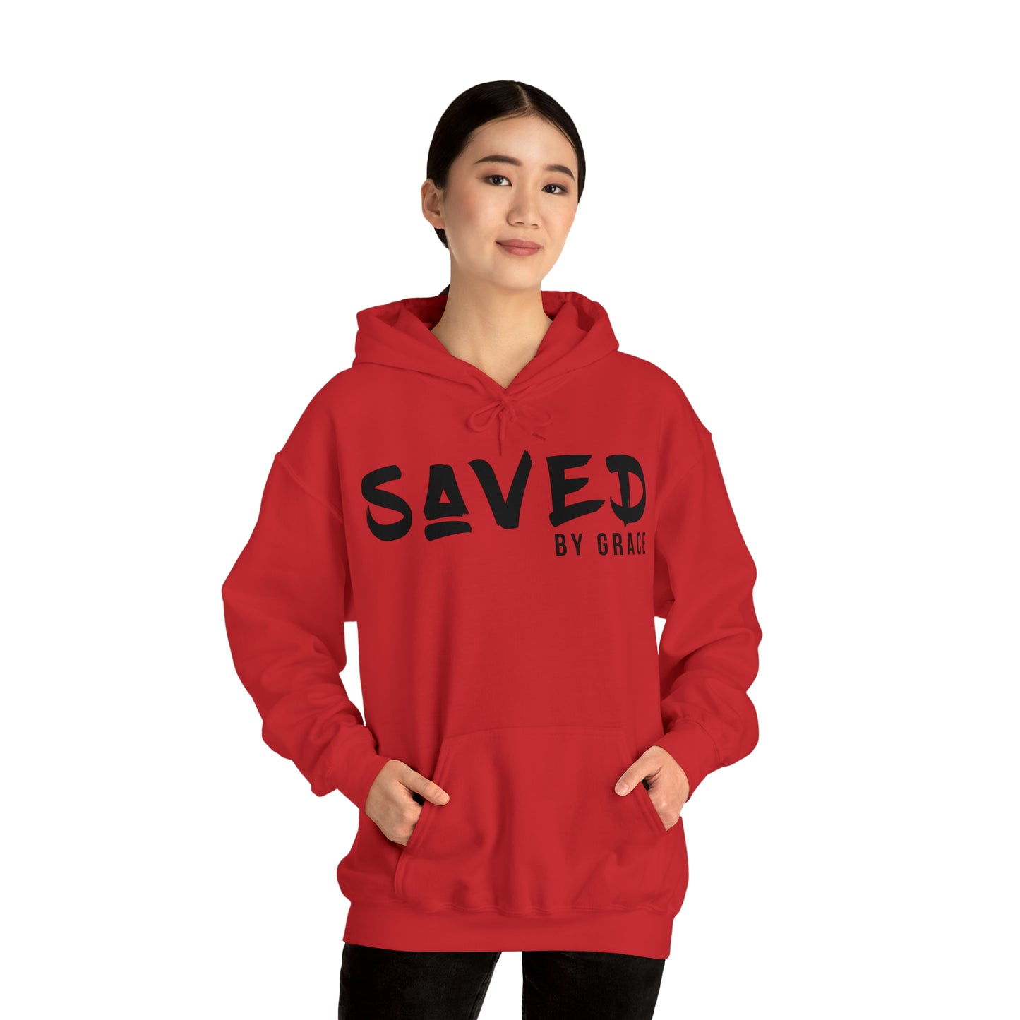 "The Inspire Wear" Hooded Sweatshirt Saved by Grace Black on Red