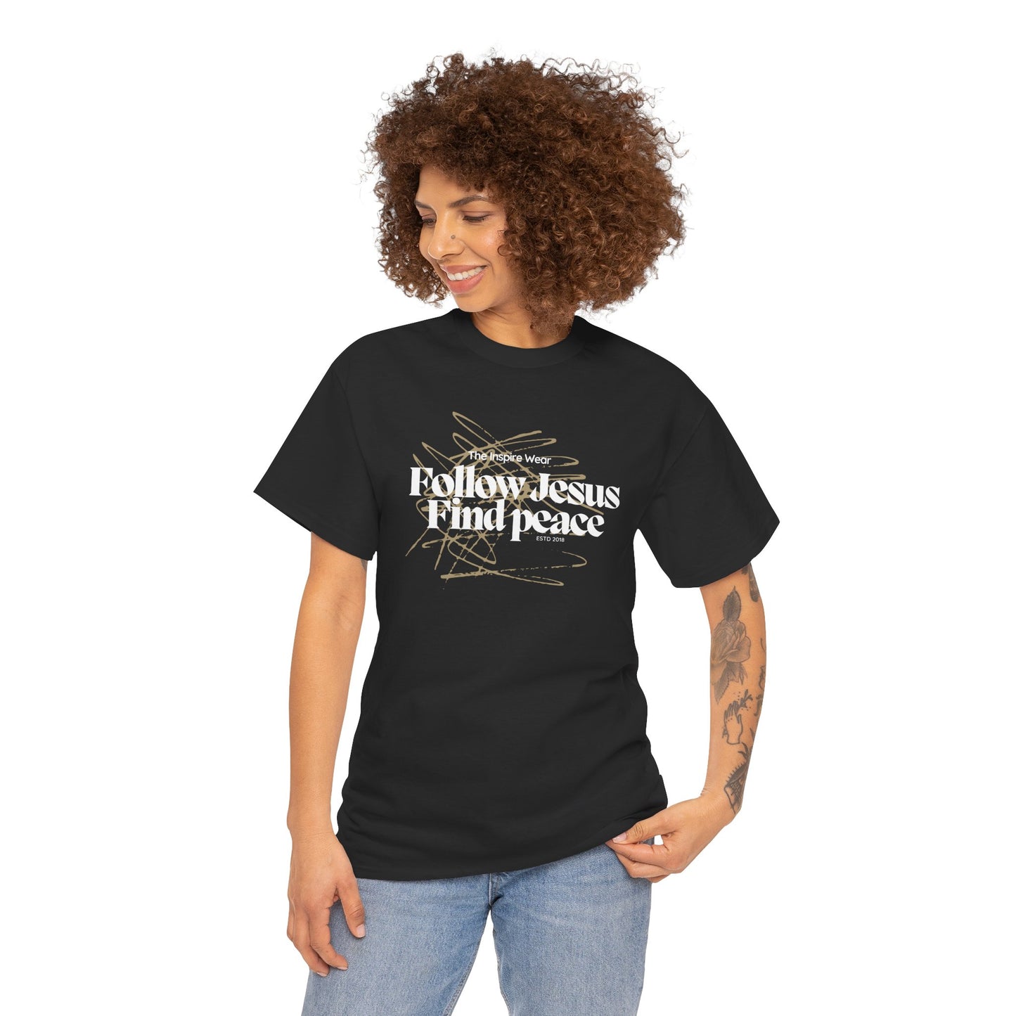 “The Inspire Wear” Unisex Heavy Cotton Tee Follow Jesus Find Peace”