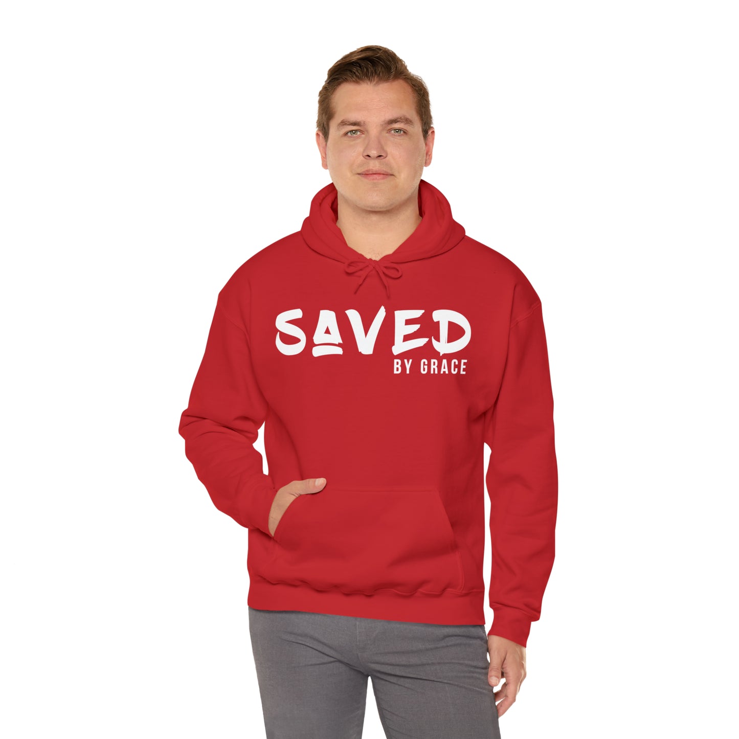 "The Inspire Wear" Hooded Sweatshirt Saved by Grace White on Red