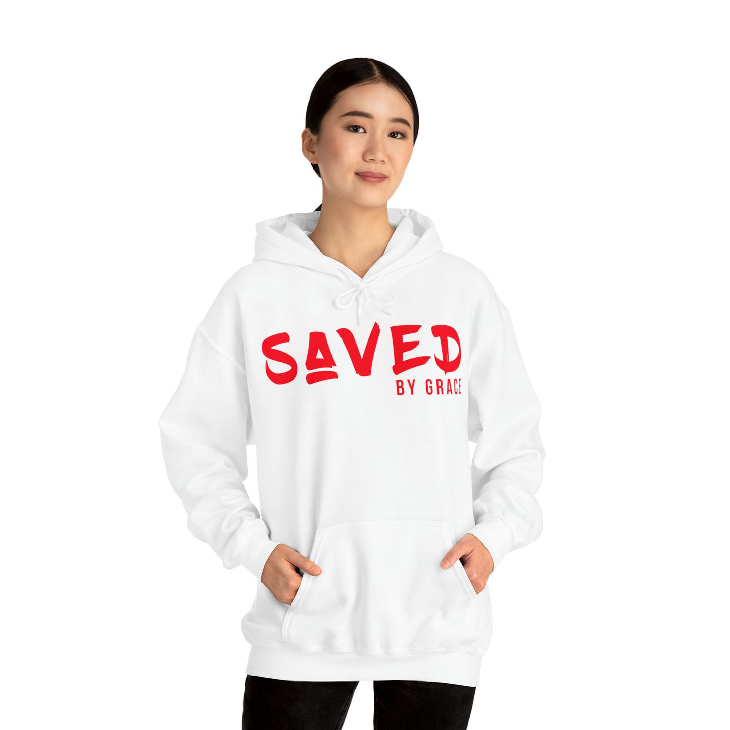 "The Inspire Wear" Hooded Sweatshirt Saved by Grace Red on White