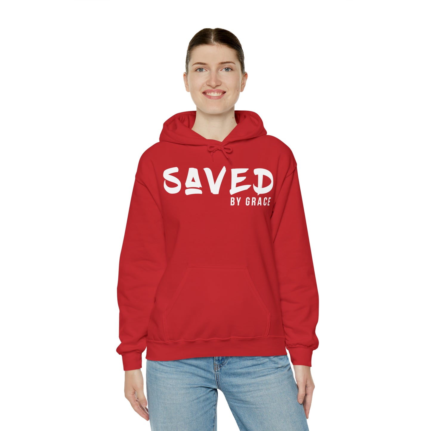 "The Inspire Wear" Hooded Sweatshirt Saved by Grace White on Red