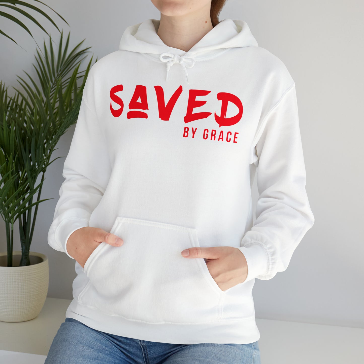 "The Inspire Wear" Hooded Sweatshirt Saved by Grace Red on White