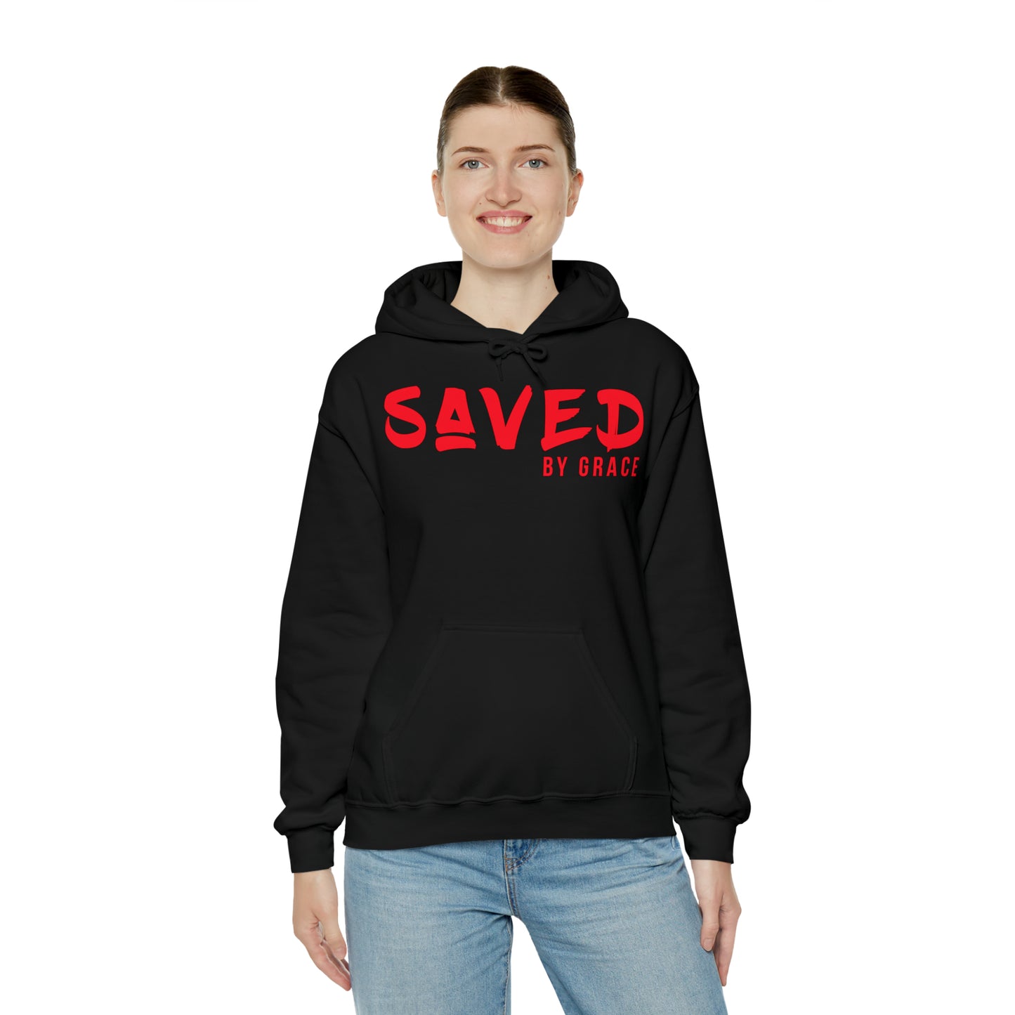 "The Inspire Wear" Hooded Sweatshirt Saved by Grace Red on Black