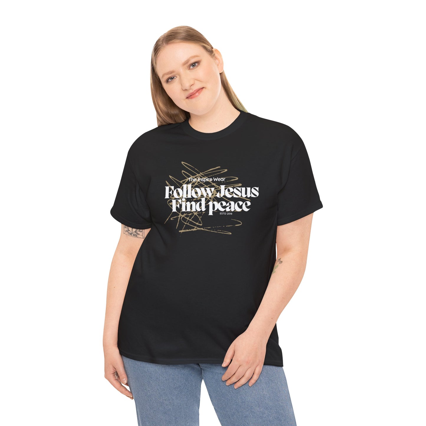 “The Inspire Wear” Unisex Heavy Cotton Tee Follow Jesus Find Peace”