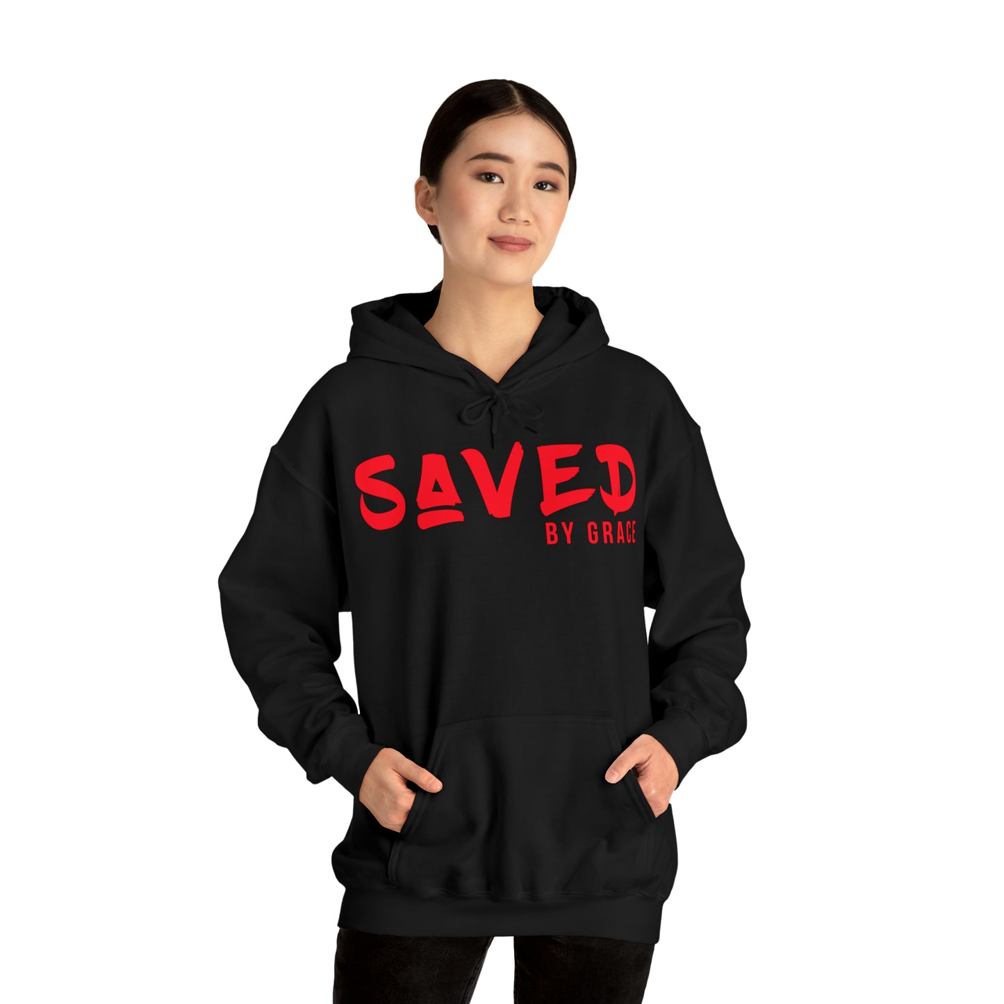 "The Inspire Wear" Hooded Sweatshirt Saved by Grace Red on Black