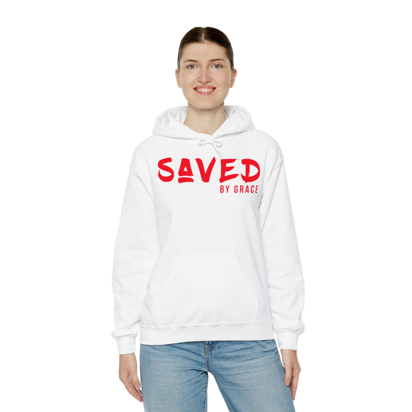 "The Inspire Wear" Hooded Sweatshirt Saved by Grace Red on White