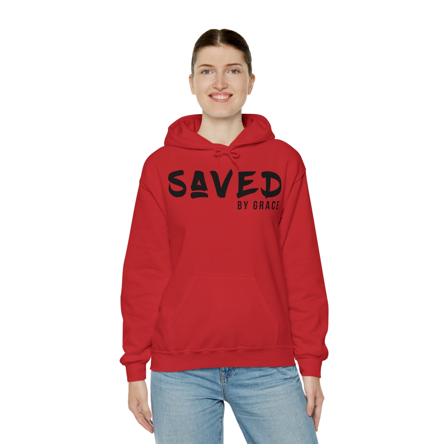 "The Inspire Wear" Hooded Sweatshirt Saved by Grace Black on Red